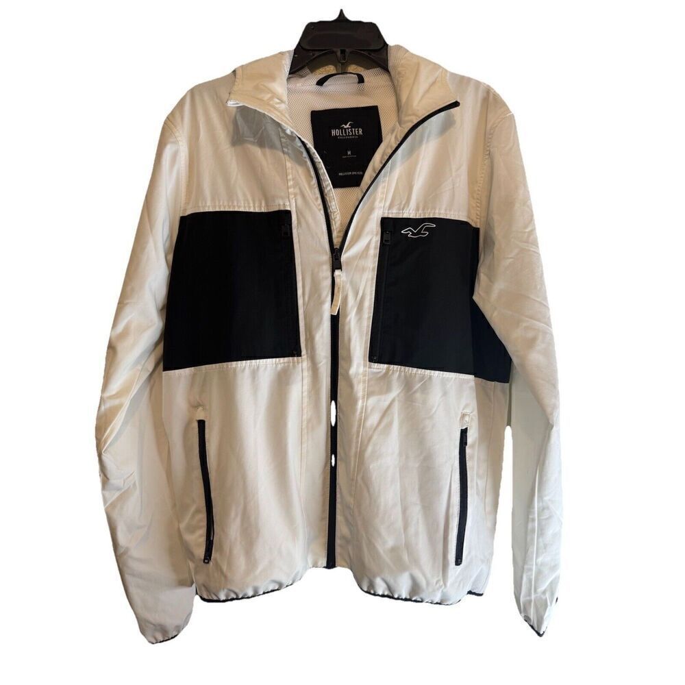 Hollister Jacket Med Adult Full Zip Blk/Wte Hooded Lightweight Windbreaker Mens